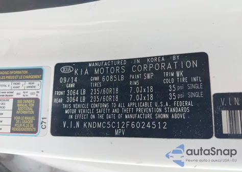 2015 Kia Sedona Ex из США, поврежденный, VIN KNDMC5C12F6024512